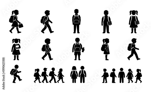 School children silhouettes with backpacks, set of student figures walking to class, black vector icons of primary pupils and kids