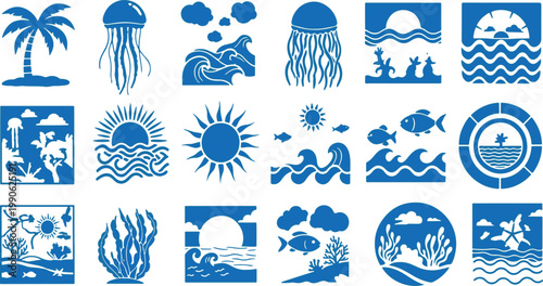 Vibrant collection of ocean and beach-themed retro graphic illustrations