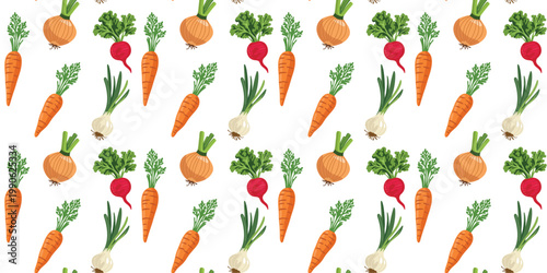 natural farm vegetables pattern radish onion carrot repeating texture white background