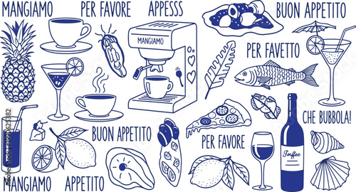 Italian culinary and dining expressions illustrated with food and drink items
