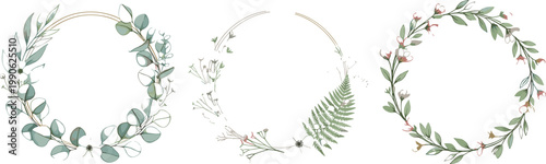 Set of Floral and Greenery Wreath Vector Illustrations for Wedding, Decoration, and Nature-Inspired Designs
