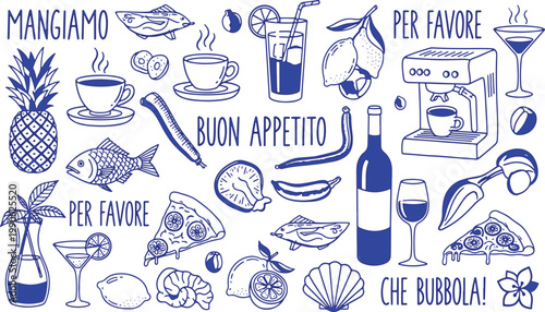 Italian culinary delights and festive dining illustrations with cheerful expressions
