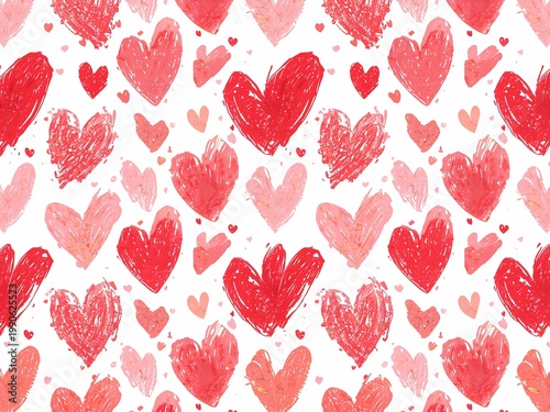 Hand-drawn heart pattern in shades of red and pink, creating a whimsical and romantic feel. Perfect for expressing love and affection