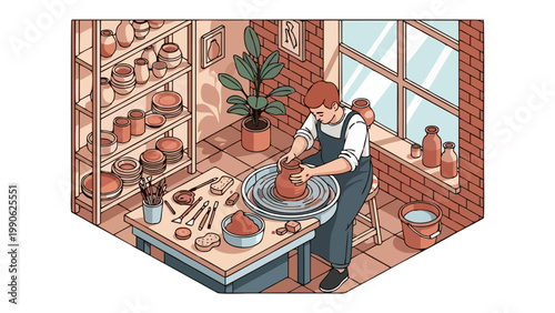 Isometric Pottery Studio with Artist Working on Clay Wheel