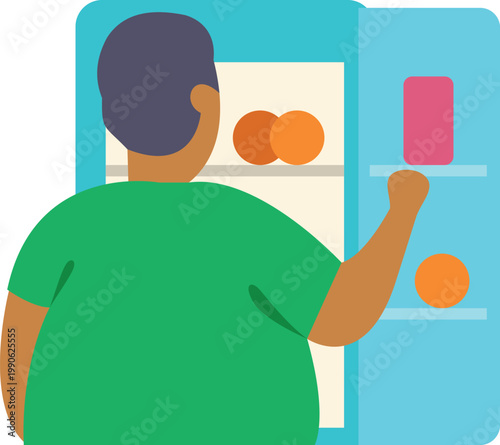 Overweight person opening a fridge and looking for food