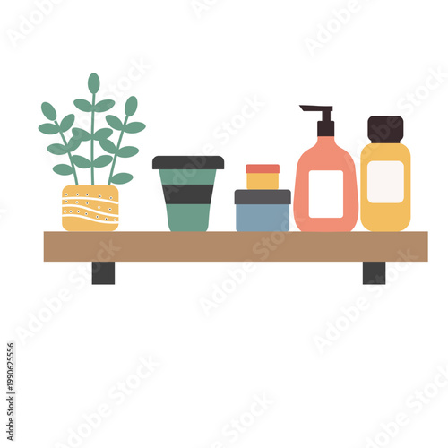 Flat vector illustration of a bathroom shelf with soap bottles, skincare containers, plant, and accessories. Clean and modern composition, perfect for hygiene, home interior, and lifestyle themes.