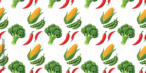 fresh vegetable seamless pattern with chili pepper corn peas and broccoli minimal white backdrop