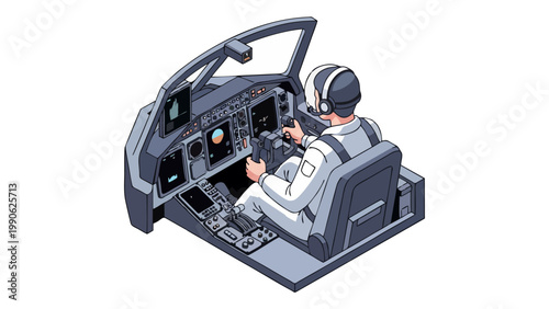 Isometric Airplane Cockpit Illustration with Pilot Operating Controls