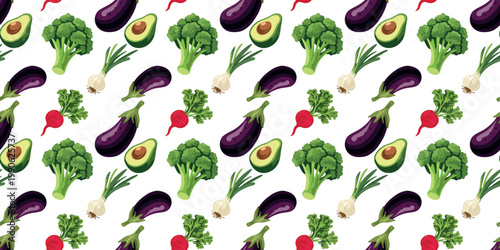fresh vegetable seamless pattern with eggplant avocado onion and broccoli minimal white backdrop