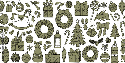 Vibrant holiday-themed illustrations featuring festive decorations and gifts