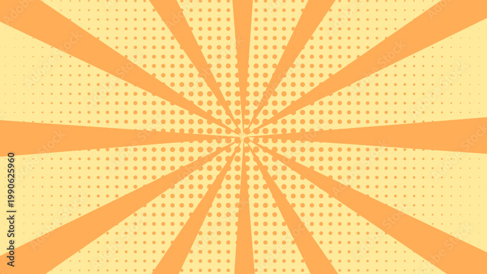 Fototapeta premium Yellow and Orange Pop Art Sunburst Background with Halftone Dot Texture. Retro Comic Style Rays Backdrop for Sale Banner, Superhero Theme, and Circus Poster Design