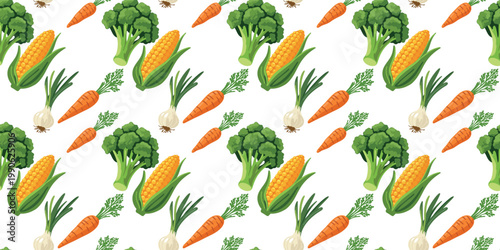 natural farm vegetables pattern onion carrot broccoli corn repeating texture white background