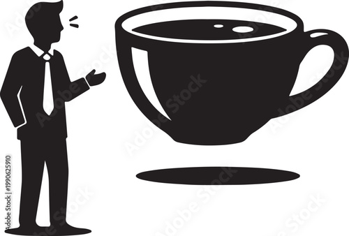 Businessman talking to a floating coffee cup a conceptual image for coffee break or business dialogue black and white hot drink businessman floating discussion dialogue corporate beverage
