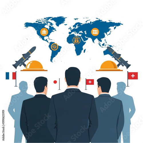 Global military strategy meeting with world map and missiles.