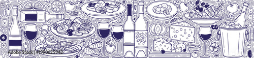 Elegant kitchenware and dining setup with wine accessories in a decorative illustration