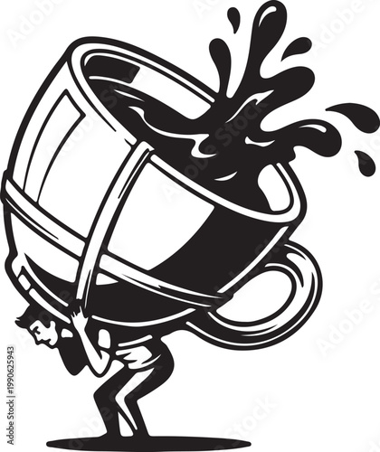 Man struggling to carry oversized spilling coffee cup symbolizing overwhelm or caffeine overload black and white too much struggling oversized spilling overload caffeine exhaustion pressure