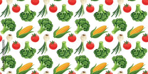 fresh vegetable seamless pattern with corn broccoli tomato and onion minimal white backdrop