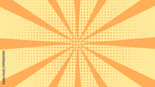 Yellow and Orange Pop Art Sunburst Background with Halftone Dot Texture. Retro Comic Style Rays Backdrop for Sale Banner, Superhero Theme, and Circus Poster Design
