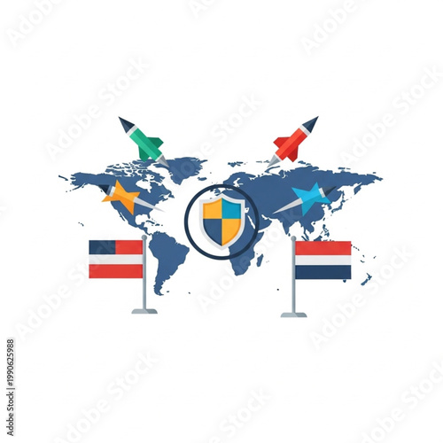 Global Security Shield and Rocket Threat Illustration.
