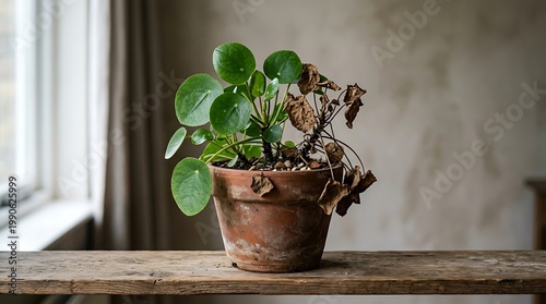 Wilting houseplant in pot on wooden table by window with curtains indoors