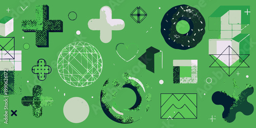 Abstract geometric shapes in varying shades of green on a green background