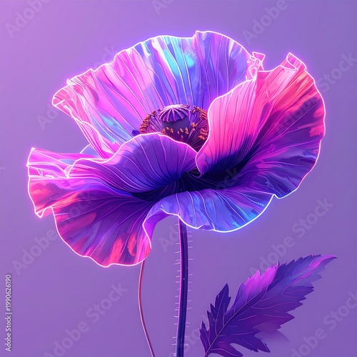 A vibrant, neon-lit poppy flower glows against a soft purple backdrop, showcasing a surreal and artistic interpretation of natural beauty.