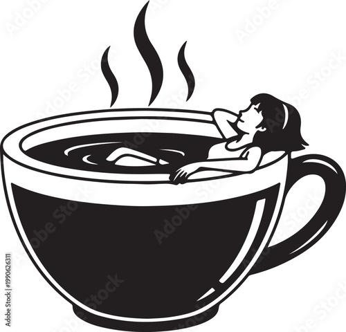 Woman relaxing in a steaming hot coffee cup enjoying a warm drink bath self care line art hot tub black and white relaxation beverage caffeine illustration enjoyment pleasure abstract