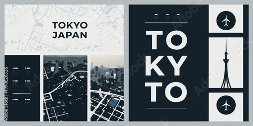 A modern graphic design featuring cityscapes and text for tokyo japan