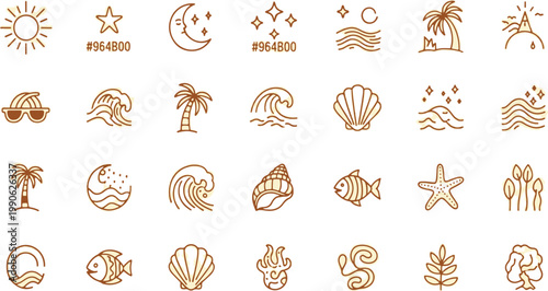 Colorful tropical and beach-themed doodle icon collection with various elements