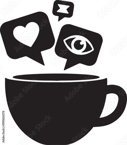 Coffee cup with social media engagement icons for likes views shares black and white internet marketing engagement communication notification popularity followers trending technology
