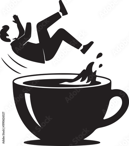 Man falling headfirst into a coffee cup causing a splash symbolizing challenging or overwhelming morning bad day wake up hot drink overwhelmed accident caffeine silhouette illustration