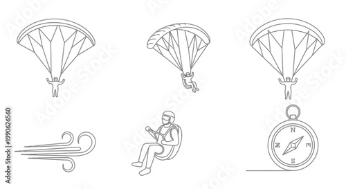 Paragliding icons set with compass