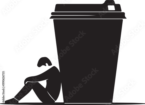Person feeling exhausted sitting and leaning against a very large coffee cup symbolizing caffeine dependence or a much needed break exhausted caffeine dependence silhouette isolated beverage