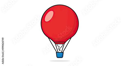 A bright red hot air balloon with a blue basket floats on a white background