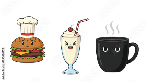 Adorable Cartoon Fast Food & Drink Characters: Happy Burger Chef, Milkshake, and Steaming Coffee Mug with Faces Illustration
