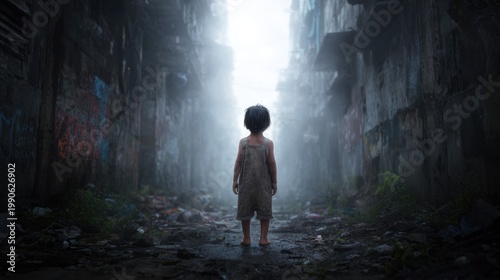 Child stands in a narrow alley surrounded by tall buildings and debris