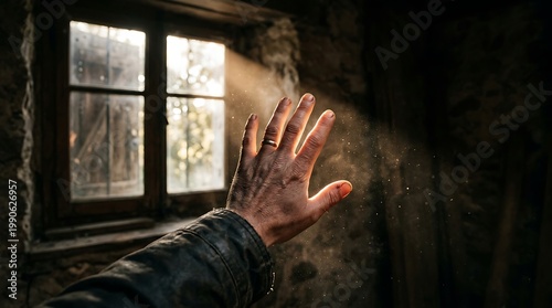 A person's hand with blood on it is raised near a dimly lit window indoors.
