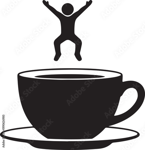 Stylized silhouette of a person jumping with arms raised above a coffee cup and saucer symbolizing pre caffeine excitement black and white hot drink design element wake up excitement silhouette