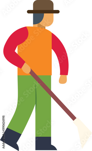 Gardener in hat and boots using a hoe for farming and cultivating soil