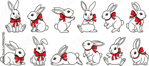 Collection of festive rabbits adorned with holiday bows in various poses