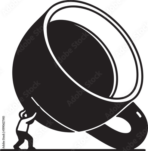 Small man struggling to push or lift a giant oversized coffee mug illustrating a monumental task or an overwhelming amount of coffee cup espresso cup ceramic mug black and white hard work