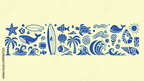 Vibrant beach and ocean-themed graphic design with various icons and elements.