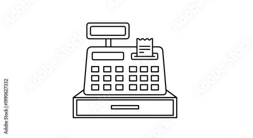 Line art drawing of a cash register with receipt and drawer