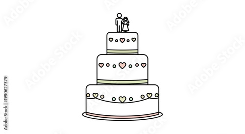 A simple, three-tiered cake topped with a wedding couple figurine and heart decorations