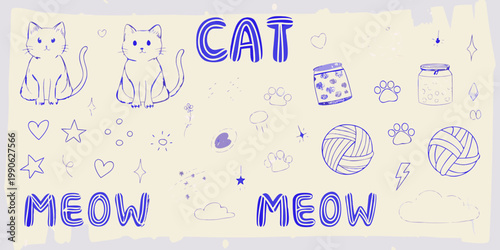 Doodle illustration featuring cats paw prints and yarn with text