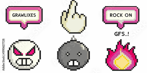 Pixel art icons depicting rude gestures faces and explosive imagery