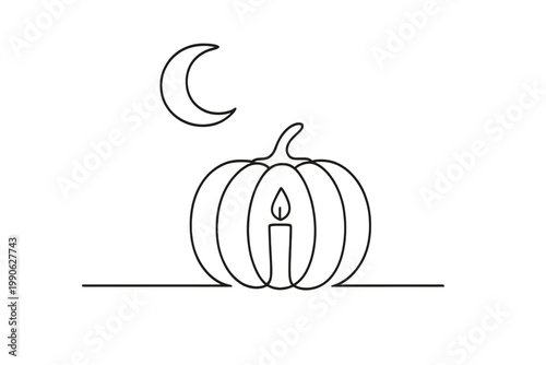 Moonlit Pumpkin Art. Moonlit pumpkin. Minimalistic one-line drawing pumpkin under crescent moonlight with