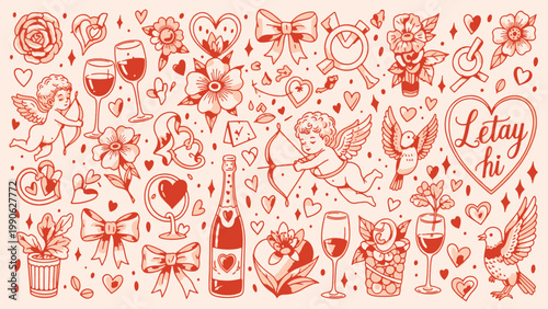 Charming illustration of love, celebration, and romantic elements with whimsical angels