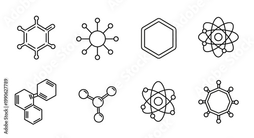 Modern Outline Icons Collection Representing Diverse Molecular Structures and Atomic Models for Scientific Concepts and Education