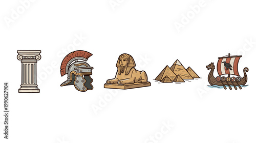 Historical symbols and artifacts from various ancient civilizations are depicted in a vibrant, engaging cartoon illustration style.
